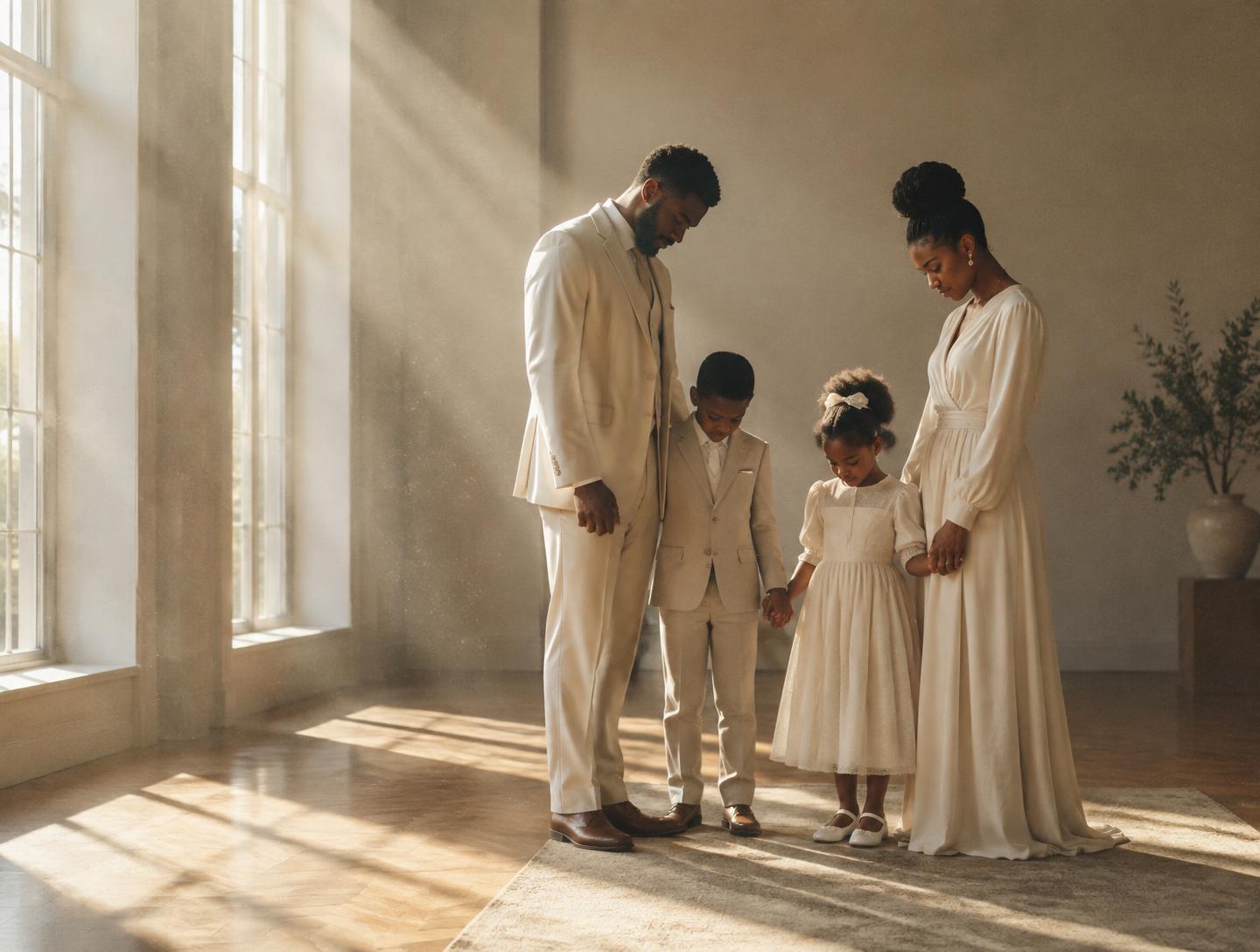 An African American family in ivory worship attire standing together in prayer in soft morning light