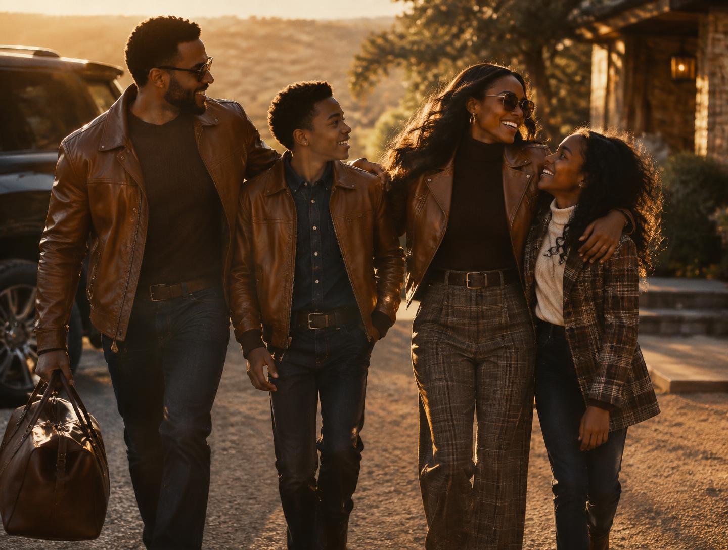 An African American family in tailored Western jackets and denim arriving together in warm golden evening light