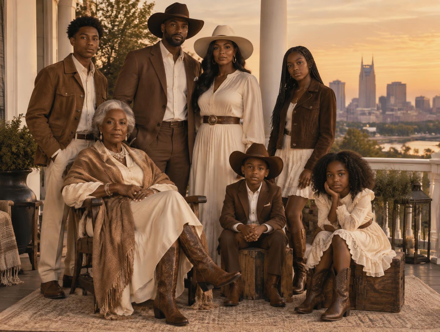 Four generations of an elegantly dressed African American family photographed together at sunset in Nashville